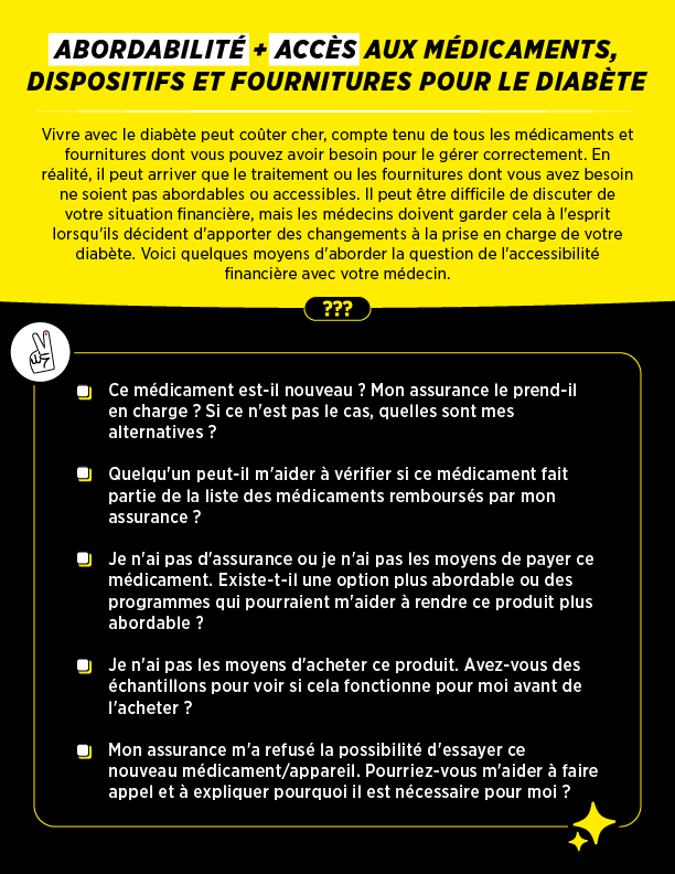 Black and yellow self-advocacy card titled affordability and access to diabetes medications, devices and supplies