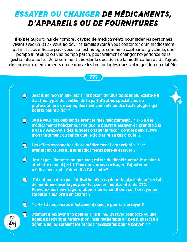 Blue and white card titled trying or switching to new medications, devices or supplies