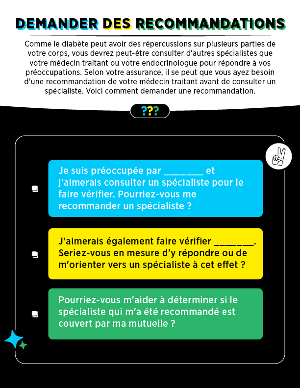 Multicolored self-advocacy card titles asking for referrals