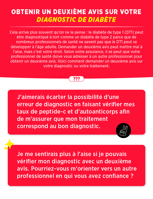 Red and white self-advocacy card titled getting second opinions on your diabetes diagnosis