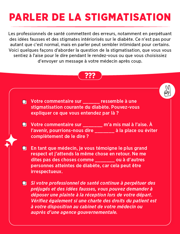 Red and white self-advocacy card titled addressing stigma